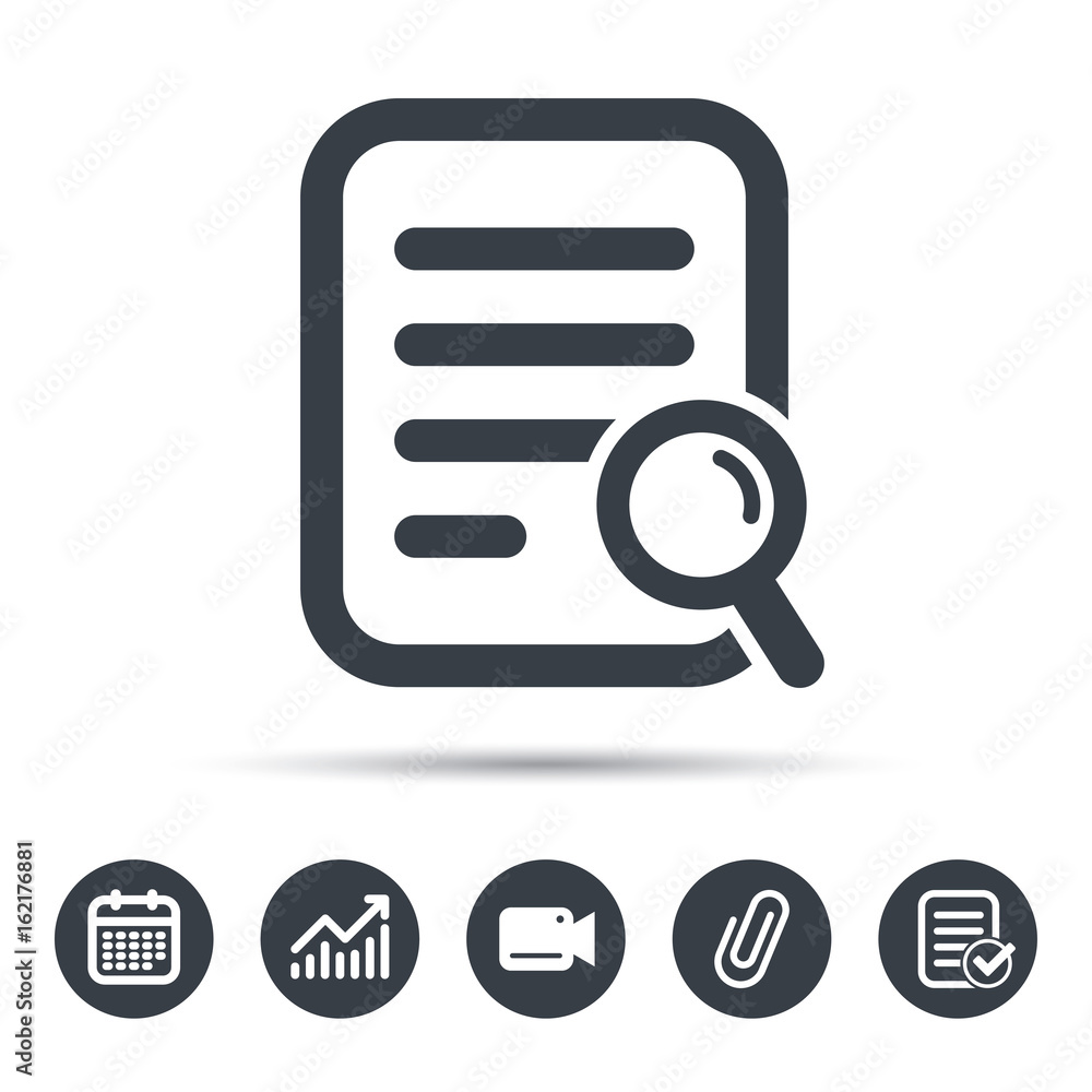 Poster file search icon. document page with magnifier tool symbol. calendar, chart and checklist signs. vid