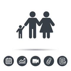 Family icon. Father, mother and child symbol. Calendar, chart and checklist signs. Video camera and attach clip web icons. Vector