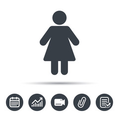 Woman icon. Female human symbol. User sign. Calendar, chart and checklist signs. Video camera and attach clip web icons. Vector