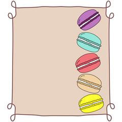 Colorful doodle hand drawn macaroons, stacked, in vintage frame on beige background, copy space, template for bakery, dessert menu, sketch