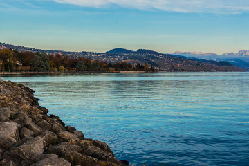 Fototapeta na wymiar Lac Leman (Geneva Lake) in Lausanne, Switzerland. Sunset.