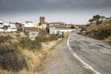 paved road passing through Badenas village, province of Teruel, Aragon, Spain