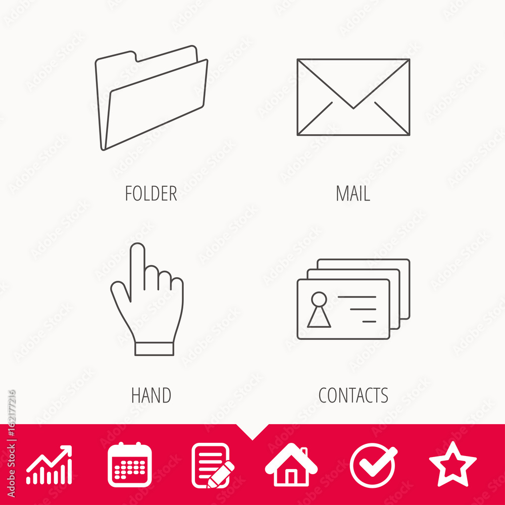 Poster folder, press hand and contacts icons. mail linear sign. edit document, calendar and graph chart sig