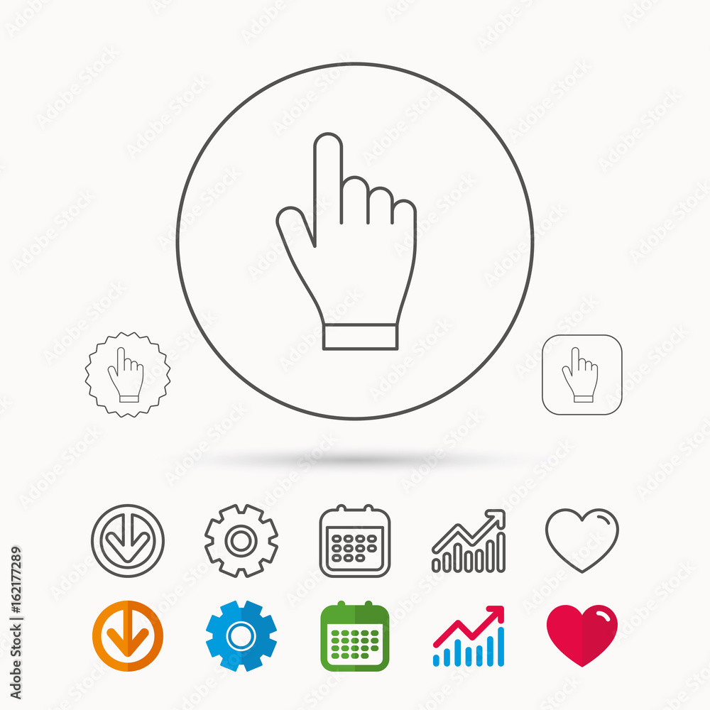 Poster click hand icon. press or push pointer sign. calendar, graph chart and cogwheel signs. download and 