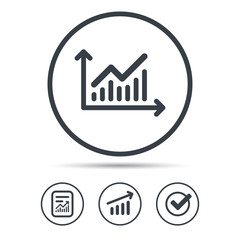 Graph icon. Business analytics chart symbol. Report document, Graph chart and Check signs. Circle web buttons. Vector