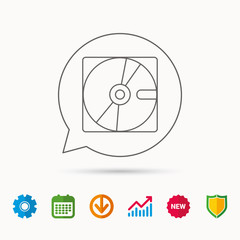 Harddisk icon. Hard drive storage sign. Calendar, Graph chart and Cogwheel signs. Download and Shield web icons. Vector