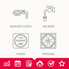 Ventilation, water counter icons. Save water, counter linear signs. Edit document, Calendar and Graph chart signs. Star, Check and House web icons. Vector