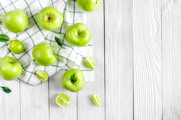 fitness food with green apples on white background top view mockup