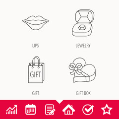 Gift box, lips kiss and wedding jewelry icons. Present linear sign. Edit document, Calendar and Graph chart signs. Star, Check and House web icons. Vector
