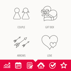 Love heart, gift box and couple icons. Arrows linear sign. Edit document, Calendar and Graph chart signs. Star, Check and House web icons. Vector