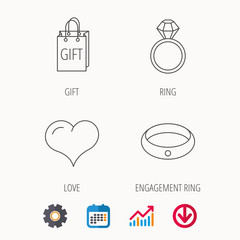 Love heart, gift bag and wedding ring icons. Engagement ring linear sign. Calendar, Graph chart and Cogwheel signs. Download colored web icon. Vector
