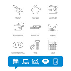 Piggy bank, cash money and startup rocket icons. Wallet, currency exchange and dollar usd linear signs. Chart, coins and dynamics icons. Report file, Graph chart and Chat speech bubble signs. Vector