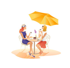 Two young women in beach cafe, summer vacation