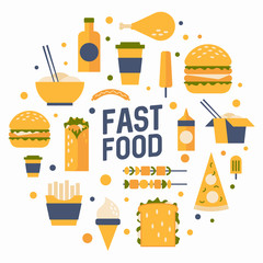 Set of flat Icons to the food theme: chinese food, burger, sandwich, hot dog, pizza, kebab,  ice cream, soda glass. Vector illustration.