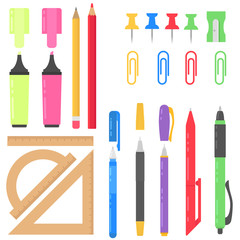 Set school supplies flat isolated on white background