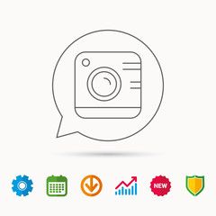Vintage photo camera icon. Photography sign. Professional equipment symbol. Calendar, Graph chart and Cogwheel signs. Download and Shield web icons. Vector