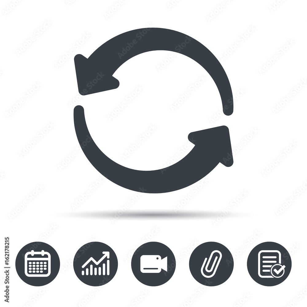 Poster update icon. refresh or repeat symbol. calendar, chart and checklist signs. video camera and attach 
