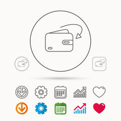 Receive money icon. Cash wallet sign. Calendar, Graph chart and Cogwheel signs. Download and Heart love linear web icons. Vector