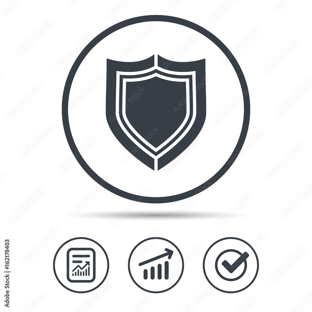 Poster shield protection icon. defense equipment symbol. report document, graph chart and check signs. circ