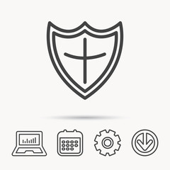 Shield icon. Protection sign. Royal defence symbol. Notebook, Calendar and Cogwheel signs. Download arrow web icon. Vector