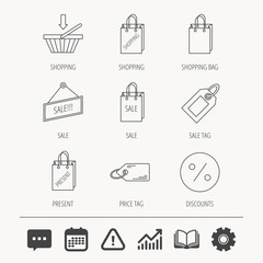 Fototapeta premium Shopping cart, gift bag and sale coupon icons. Special offer label linear signs. Discount icon. Education book, Graph chart and Chat signs. Attention, Calendar and Cogwheel web icons. Vector