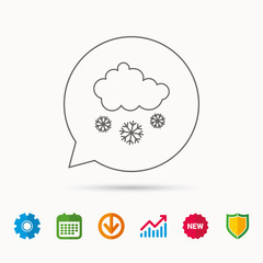 Snow icon. Snowflakes with cloud sign. Snowy overcast symbol. Calendar, Graph chart and Cogwheel signs. Download and Shield web icons. Vector