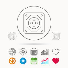 European socket icon. Electricity power adapter sign. Calendar, Graph chart and Cogwheel signs. Download and Heart love linear web icons. Vector
