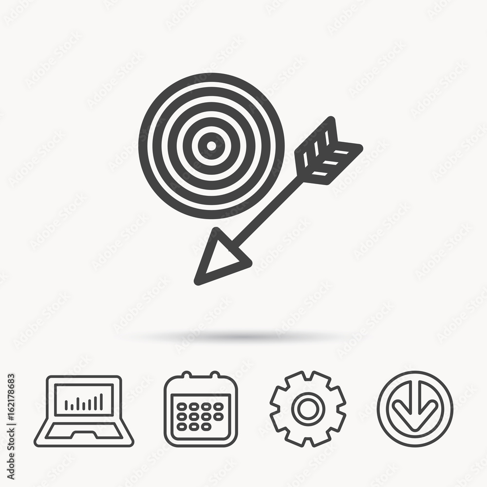 Poster target with arrow icon. dart aim sign. notebook, calendar and cogwheel signs. download arrow web ico