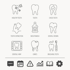 Tooth, dental crown and mouthwash icons. Caries, tooth extraction and hygiene linear signs. Brushing teeth flat line icon. Education book, Graph chart and Chat signs. Vector