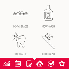 Toothache, dental braces and mouthwash icons. Toothbrush linear sign. Edit document, Calendar and Graph chart signs. Star, Check and House web icons. Vector