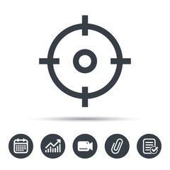 Target icon. Crosshair aim symbol. Calendar, chart and checklist signs. Video camera and attach clip web icons. Vector