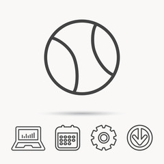 Tennis equipment icon. Sport ball sign. Team game symbol. Notebook, Calendar and Cogwheel signs. Download arrow web icon. Vector