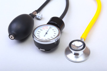 Medical stethoscope and blood pressure meter isolated on white background. healthcare.