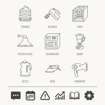 Dishwasher, kettle and mixer icons. Oven, steamer and iron linear signs. Hair dryer, blender and kitchen hood icons. Education book, Graph chart and Chat signs. Vector