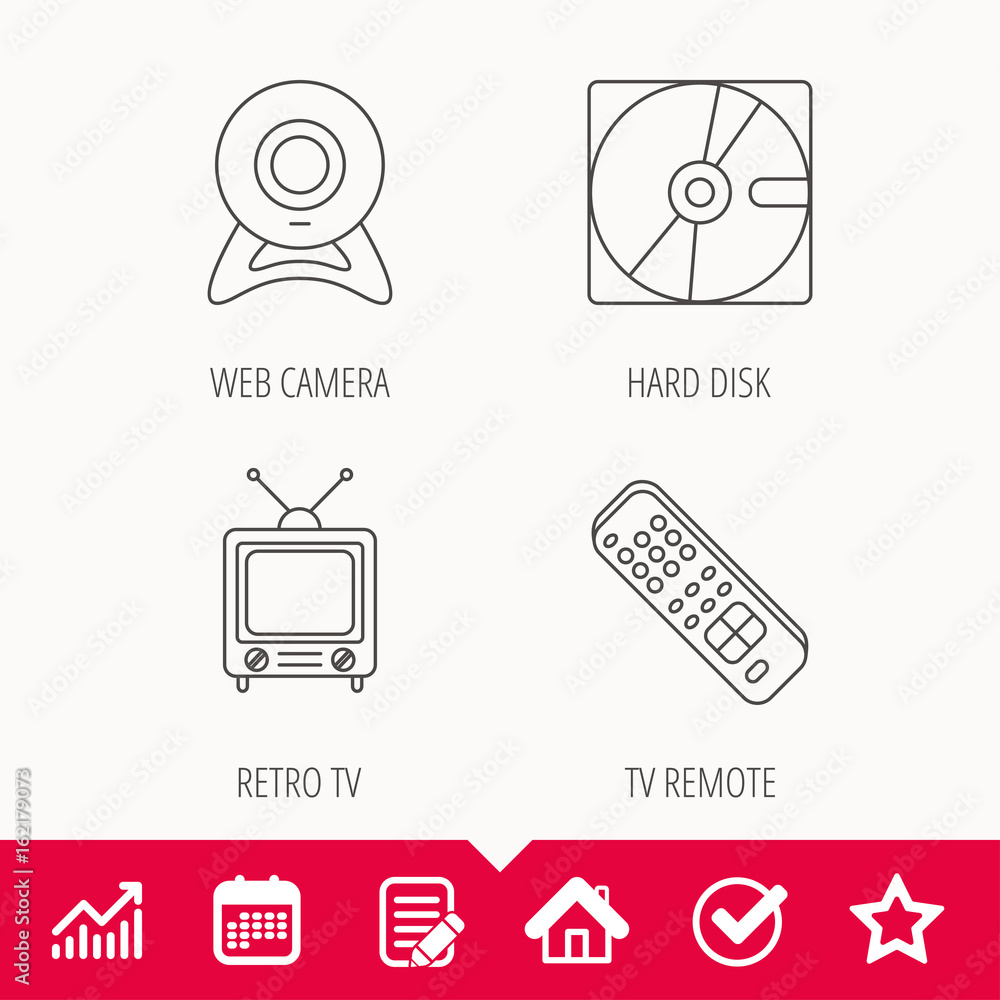Poster web camera, retro tv and hard disk icons. tv remote linear sign. edit document, calendar and graph c