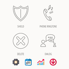Phone ringtone, delete and chat speech bubble icons. Shield linear sign. Calendar, Graph chart and Cogwheel signs. Download colored web icon. Vector
