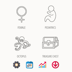 Female, treasure chest and pediatrics icons. Octopus linear sign. Calendar, Graph chart and Cogwheel signs. Download colored web icon. Vector