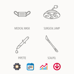 Medical mask, scalpel and pipette icons. Surgical lamp linear sign. Calendar, Graph chart and Cogwheel signs. Download colored web icon. Vector