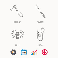 Scalpel, pills and drilling tool icons. Enema linear sign. Calendar, Graph chart and Cogwheel signs. Download colored web icon. Vector