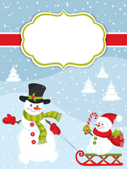 Vector Christmas and New Year card template with snowmen on snow background. Vector snowman.