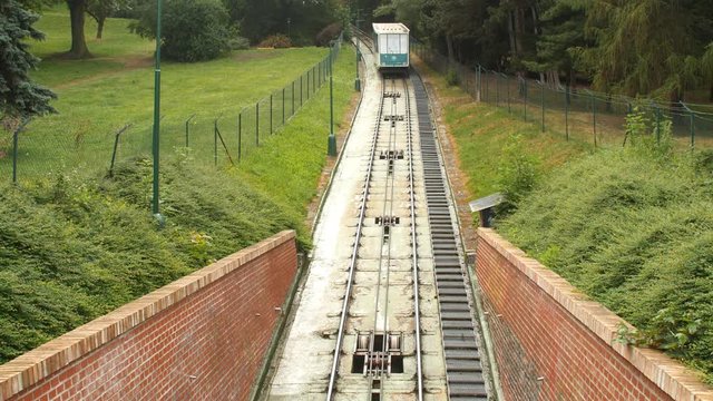 Prague, Czech Republic - June 6, 2017: Historical funicular to Petrin Hill