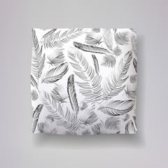 Realistic 3d throw pillow models with hand drawn feather print. Apartment interior design elements. Vector cushion.