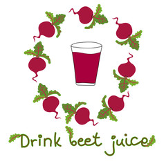 Vector hand drawn doodle illustration glass with beet juice, vegetables arranged in composition, lettering