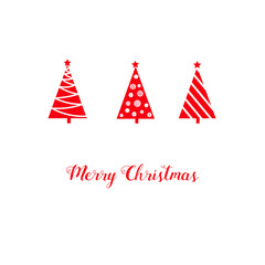 Christmas greeting card red triangle graphic abstract fir trees, star, baubles, snow flakes, lettering, white background, minimalist
