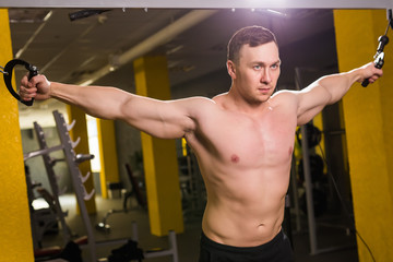 Naklejka premium handsome bodybuilder works out excercise in gym