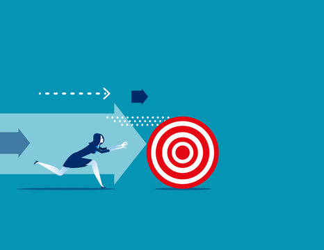 Businesswoman chasing the target. Concept business vector illustration.