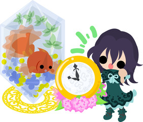 A cute little girl and a goldfish bowl and a clock