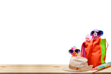 Beach accessory,hat,sunglasses,shoes,umbrella on wooden, concept summer holiday background and summer sale.