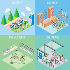 City bike concept vector in isometric style. Illustration in flat 3d design. Bicycle parking, repair shop and bike for rent