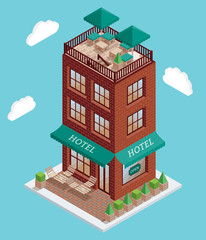 Hotel icon in vector isometric style. Illustration in flat 3d design. Hotel building isolated element. City urban architecture for web and game design.